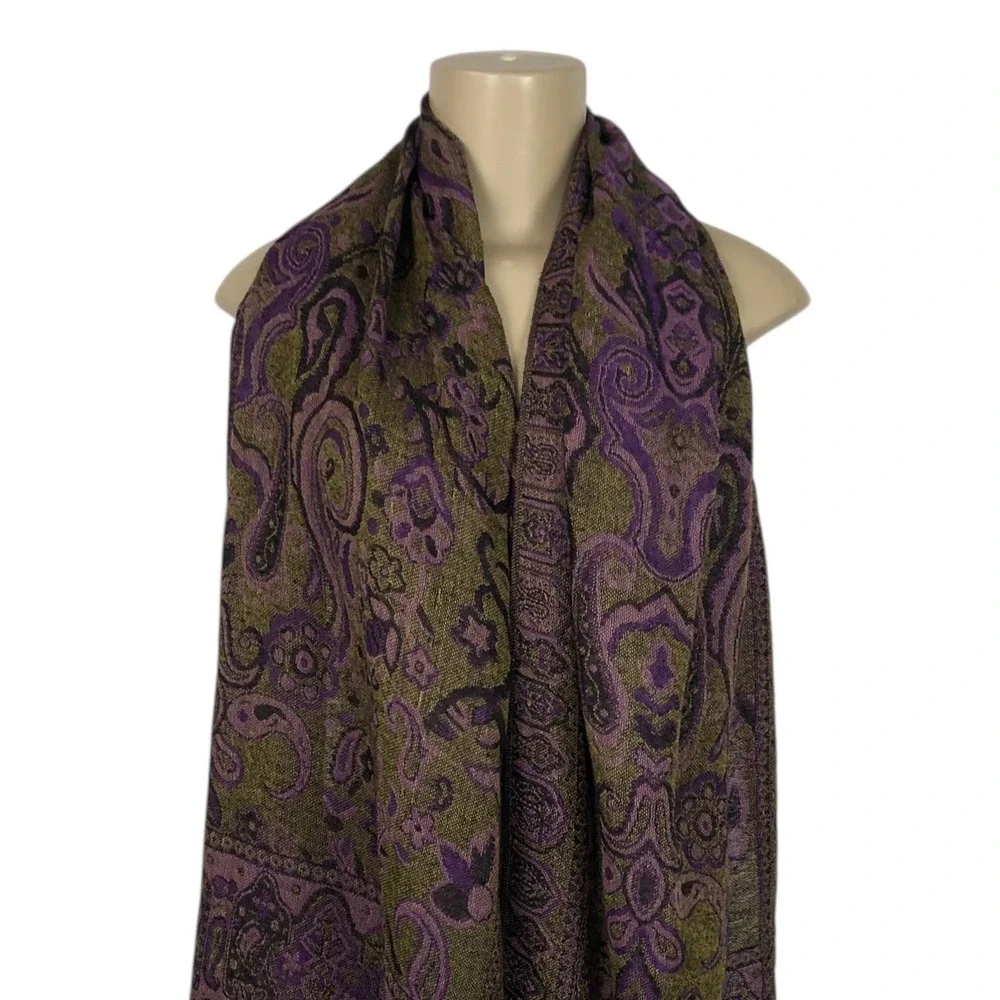 Reversible Boho Purple Paisley Print Pashmina Scarf Fringe Rave Festival Wrap